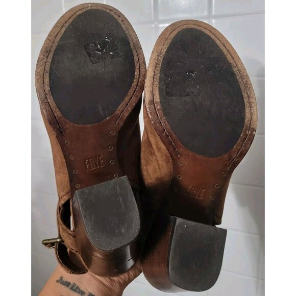 Frye Dani Shield Slingback Sandal Heels Open Toe Suede Wood Brown Size 9M** - Picture 11 of 12